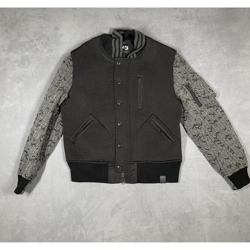 Y-3 Yohji Yamamoto Jacket Mens Small Black Gray Wool Knit Varsity‎ Bomber Adidas